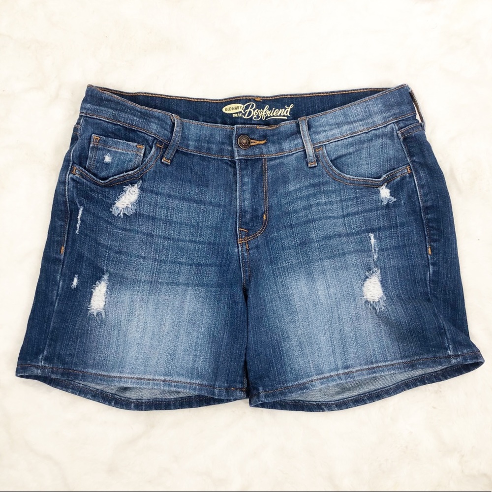Mid Rise Distressed Boyfriend Denim Shorts